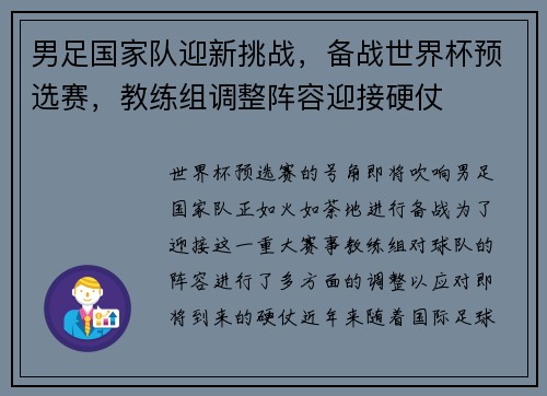 男足国家队迎新挑战，备战世界杯预选赛，教练组调整阵容迎接硬仗