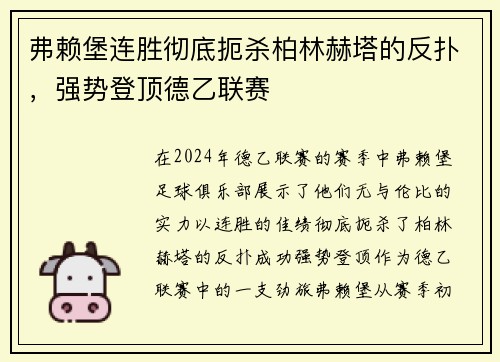 弗赖堡连胜彻底扼杀柏林赫塔的反扑，强势登顶德乙联赛