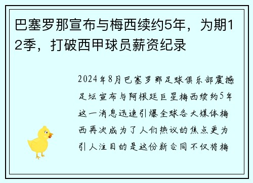 巴塞罗那宣布与梅西续约5年，为期12季，打破西甲球员薪资纪录