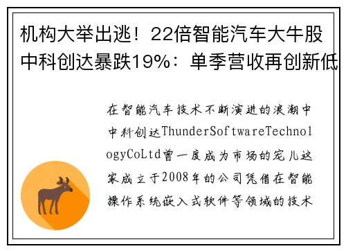 机构大举出逃！22倍智能汽车大牛股中科创达暴跌19%：单季营收再创新低