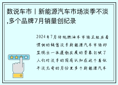 数说车市丨新能源汽车市场淡季不淡,多个品牌7月销量创纪录