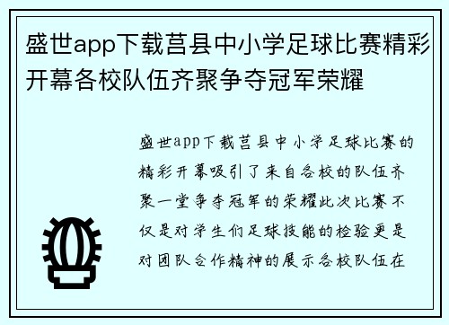 盛世app下载莒县中小学足球比赛精彩开幕各校队伍齐聚争夺冠军荣耀