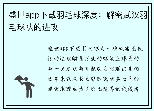 盛世app下载羽毛球深度：解密武汉羽毛球队的进攻