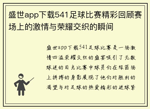 盛世app下载541足球比赛精彩回顾赛场上的激情与荣耀交织的瞬间